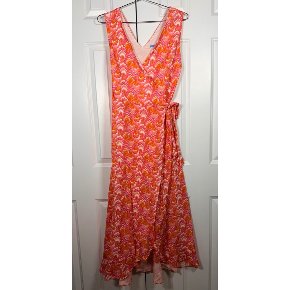 J.McLaughlin Orange Pink Shell Print Linen Cotton Wrap Maxi Dress Womens Small